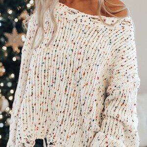 B015 White Confetti Distressed Knit Sweater